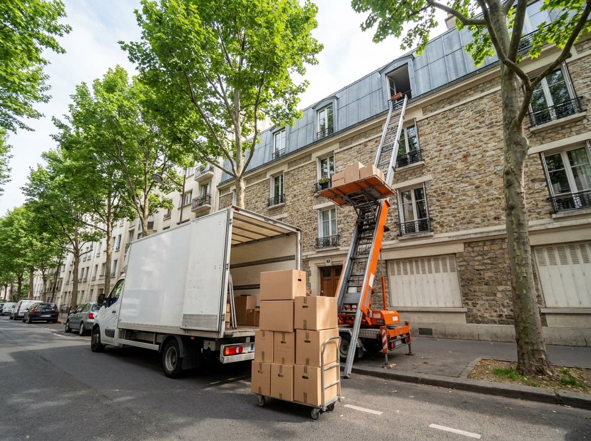 Camion de déménagement aux portes ouvertes et pile de cartons sur un diable, devant un immeuble parisien où un monte-meuble orange hisse des cartons vers les étages